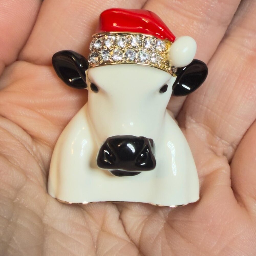 Cow Brooch Christmas Santa Hat Rhinestone Gold Tone Pin 1.5”